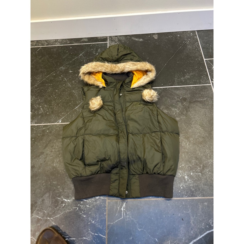 FUBU The Collection Women Olive Green Puffer Vest Faux Fur Hood Pom Poms 2X
